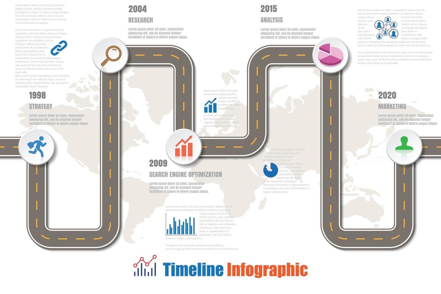 ciudad de infografía de línea de tiempo de mapa de carreteras de negocios diseñado para fondo abstracto. plantilla hito elemento diagrama moderno proceso tecnología digital. gráfico de presentación de datos de marketing. vector