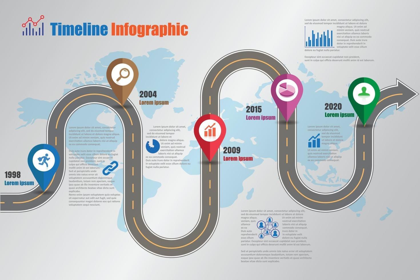 Iconos de infografía de línea de tiempo de mapa de carreteras de negocios diseñados para la plantilla de fondo abstracto. elemento diagrama moderno proceso páginas web, tecnología gráfico de presentación de datos de marketing digital vector