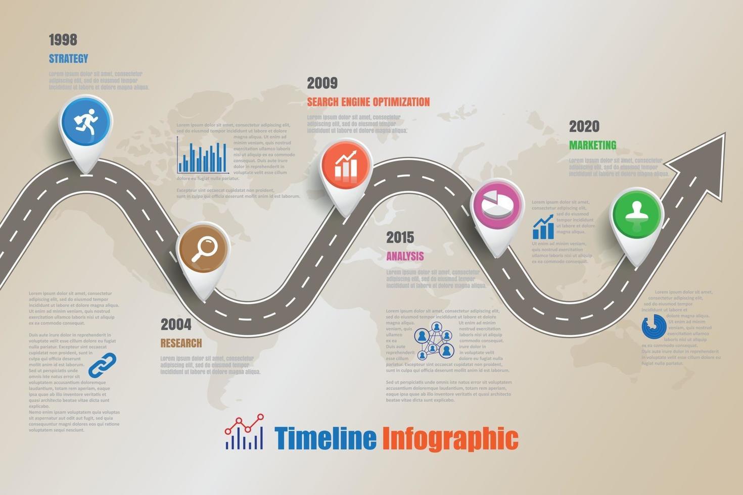 Iconos de infografía de línea de tiempo de mapa de carreteras de negocios diseñados para la plantilla de fondo abstracto. elemento diagrama moderno proceso páginas web, tecnología gráfico de presentación de datos de marketing digital vector