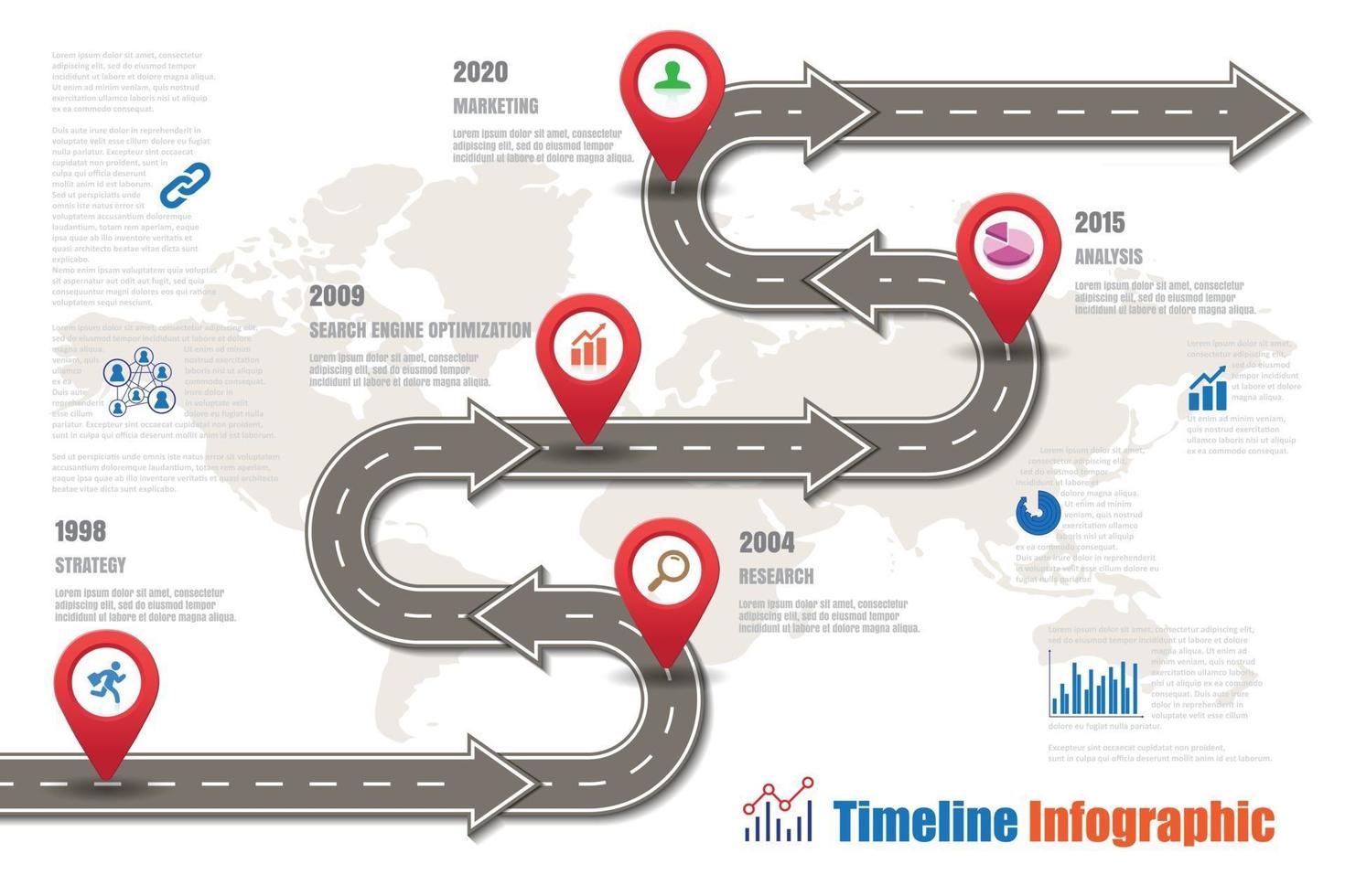 Iconos de infografía de línea de tiempo de mapa de carreteras de negocios diseñados para la plantilla de fondo abstracto. elemento diagrama moderno proceso páginas web, tecnología gráfico de presentación de datos de marketing digital vector