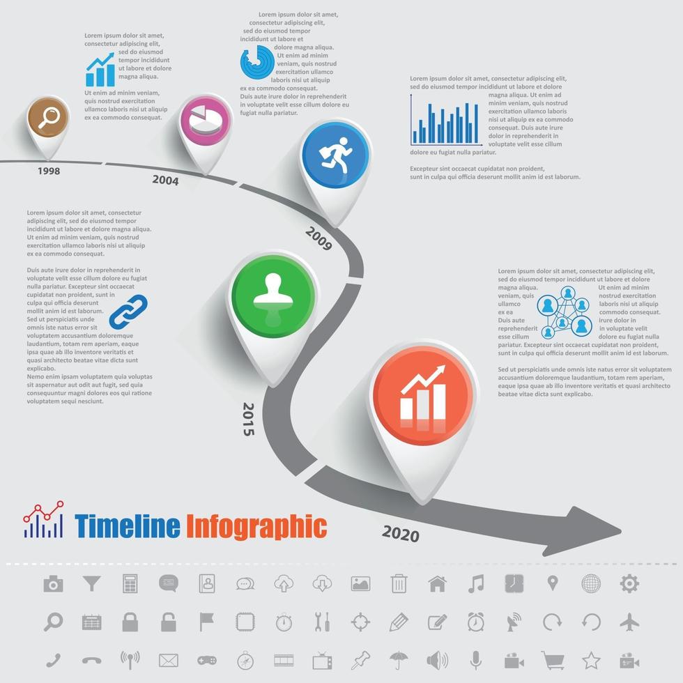 Iconos infográficos de la línea de tiempo de la hoja de ruta del negocio diseñados para el fondo abstracto. gráfico de presentación de datos digitales de tecnología de elemento de hito de plantilla con elementos y conjunto de iconos. vector