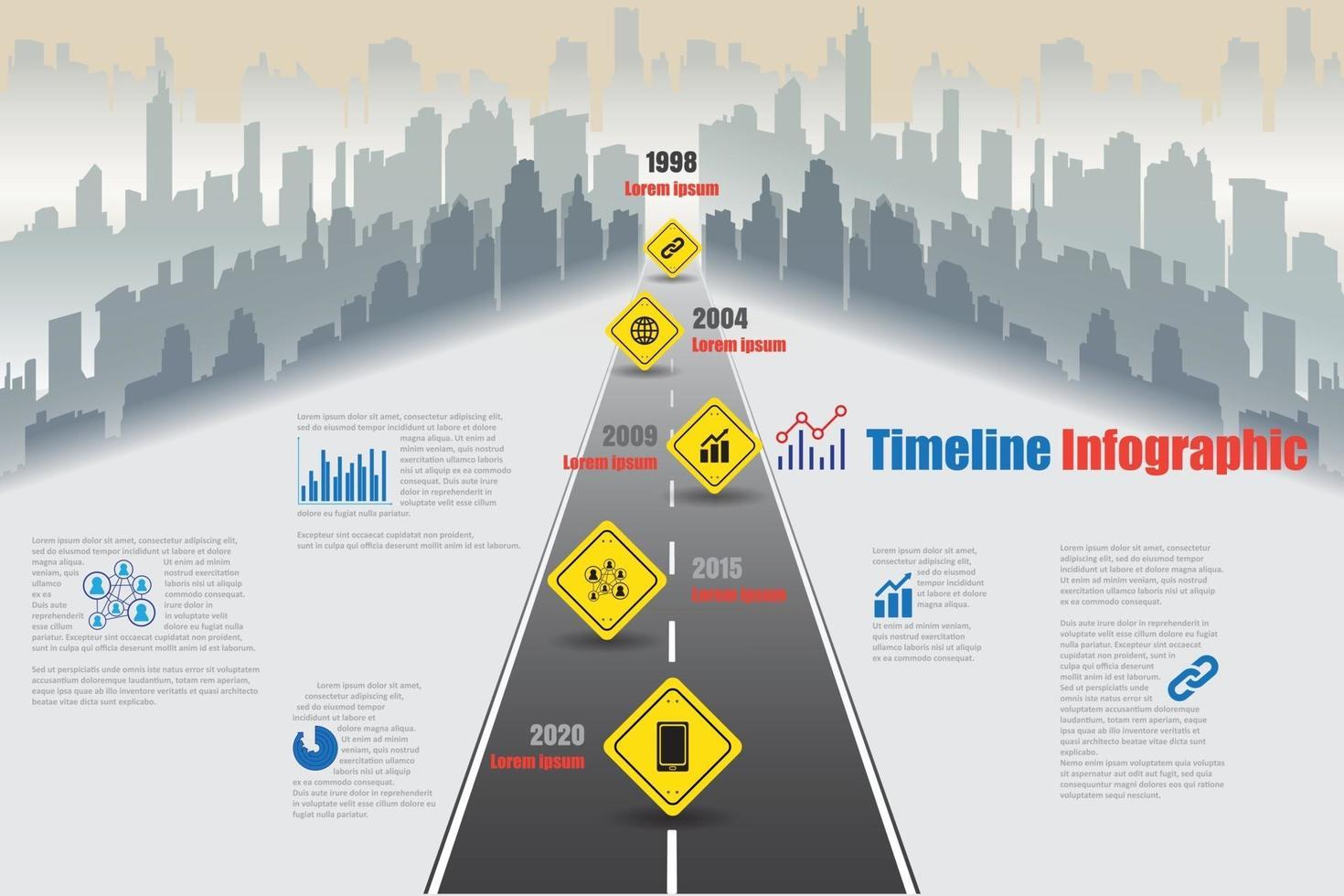 ciudad de infografía de línea de tiempo de hoja de ruta de negocios diseñada con fondo de señal de tráfico. plantilla hito elemento diagrama moderno tecnología de proceso marketing digital presentación de datos gráfico vector