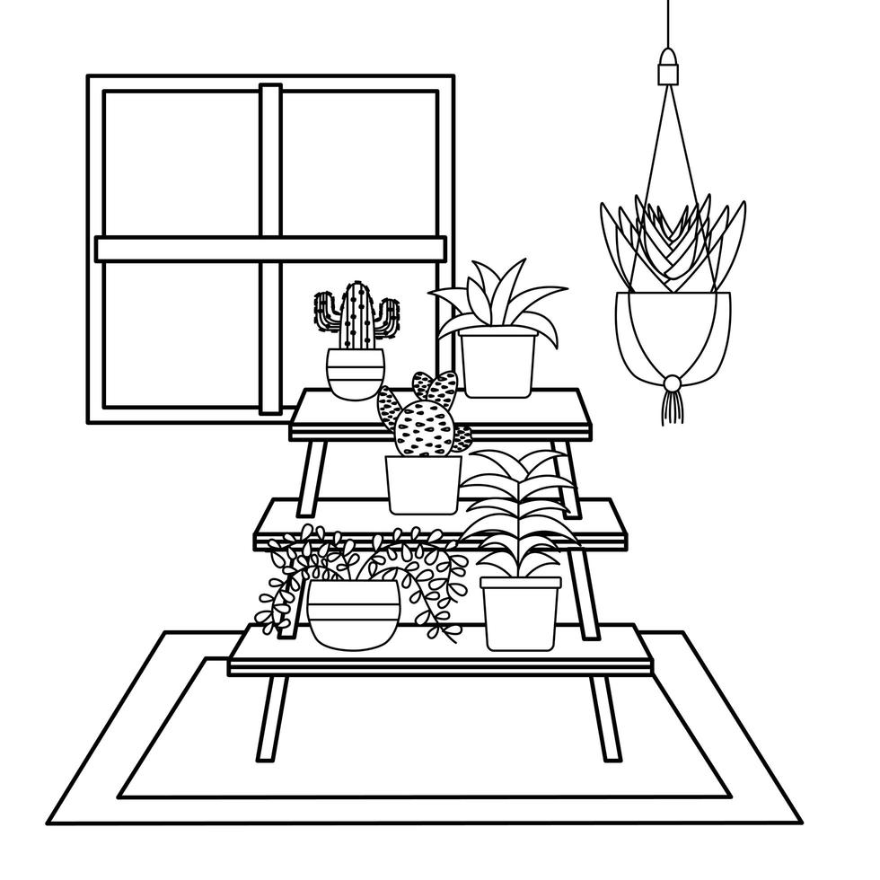 Plantas dentro de macetas y muebles de diseño vectorial. vector