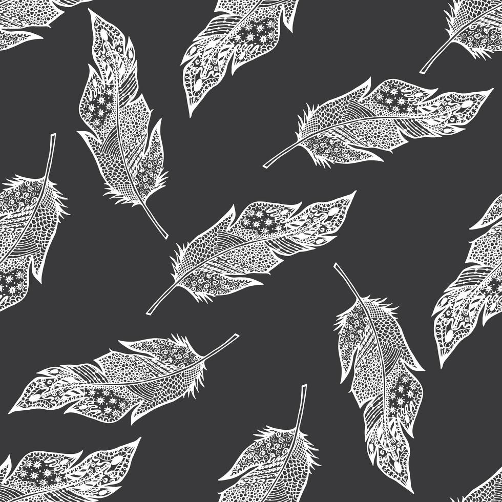 Ornamental hand drawn sketched feathers seamless pattern vector illustration with ornament