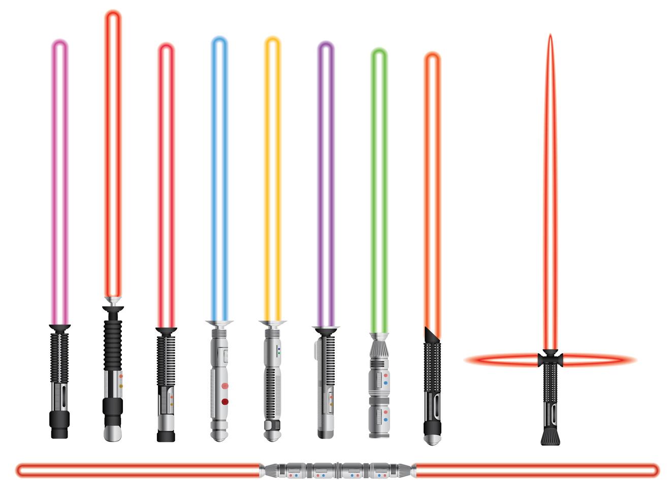 Light swords set. Futuristic melee sci fi Weapon, cosmic shiny neon fighting instrument, isolated vector illustration