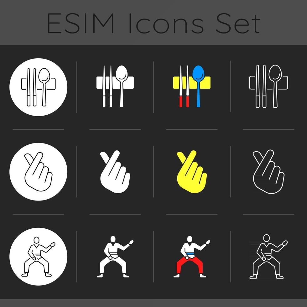 Korean nationals symbols dark theme icons set vector