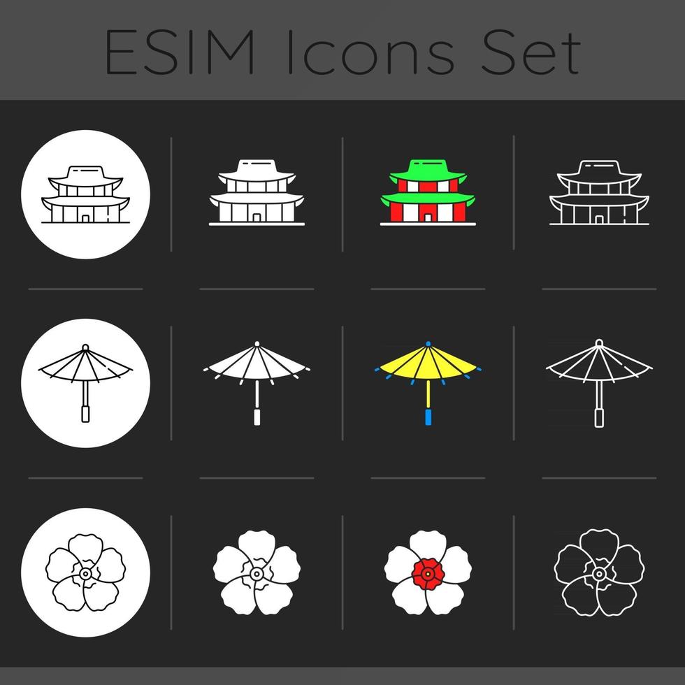 Korean traditions dark theme icons set vector