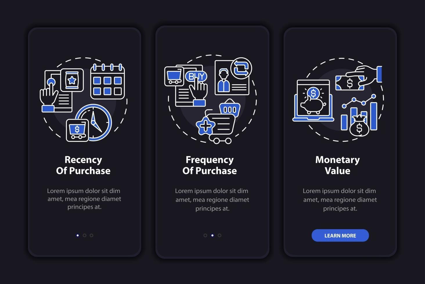 RFM model research onboarding mobile app page screen with concepts vector