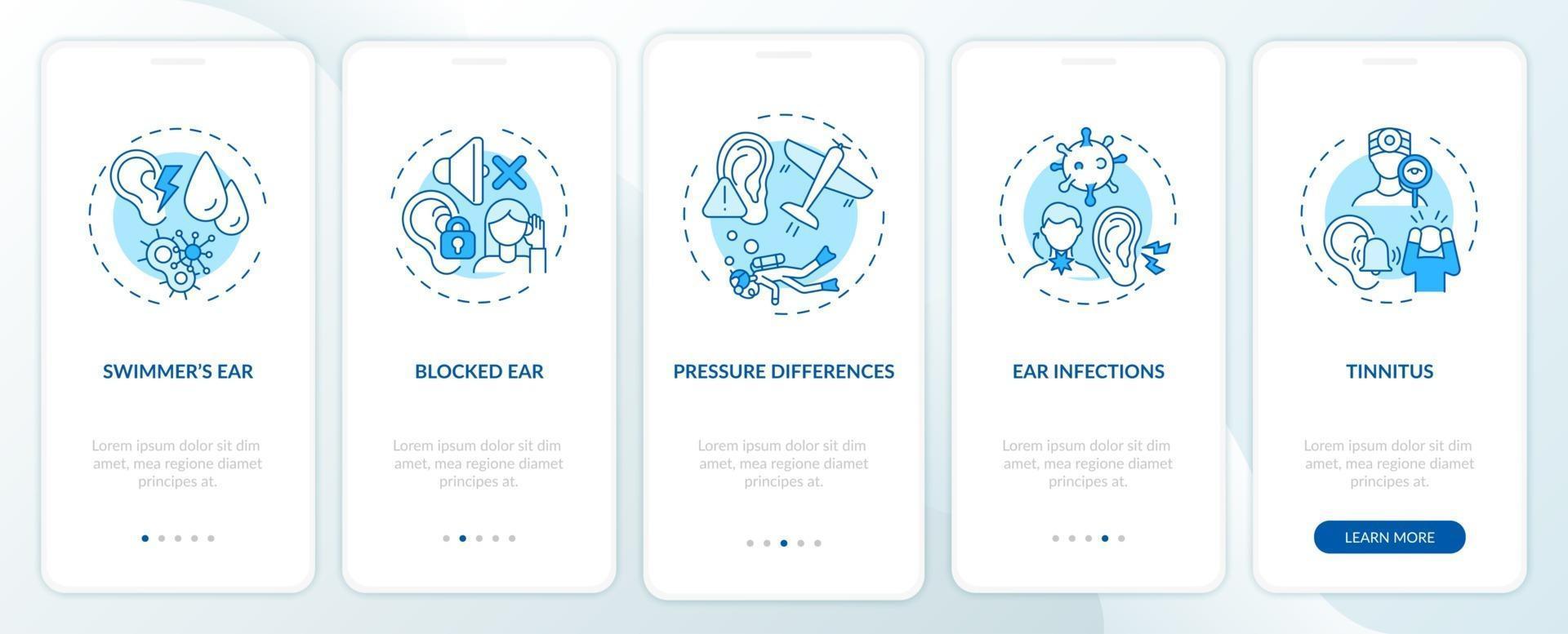 Ear conditions onboarding mobile app page screen with concepts vector