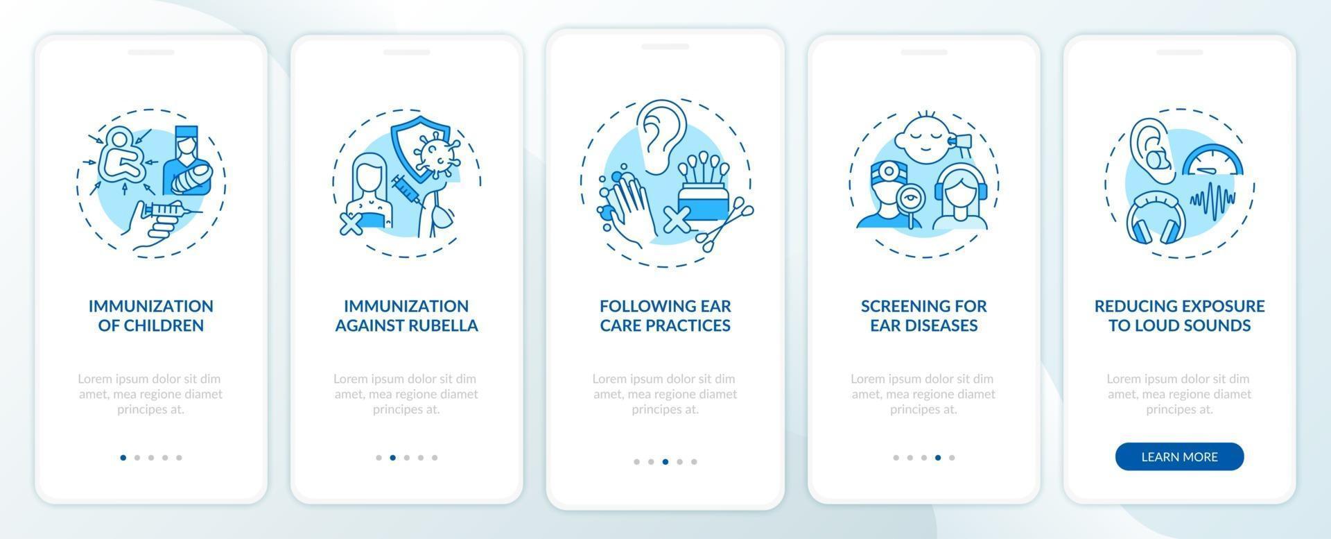 Hearing loss avoidance onboarding mobile app page screen with concepts vector