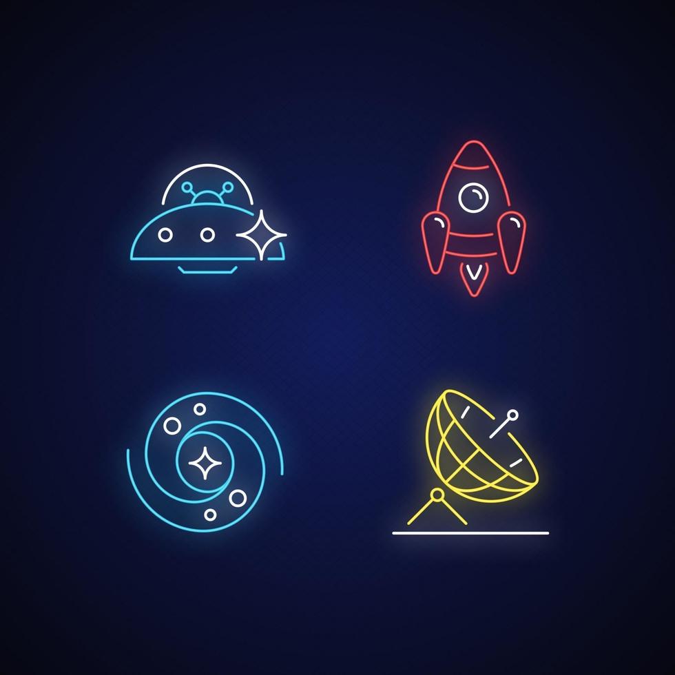 Astronautic neon light icons set vector