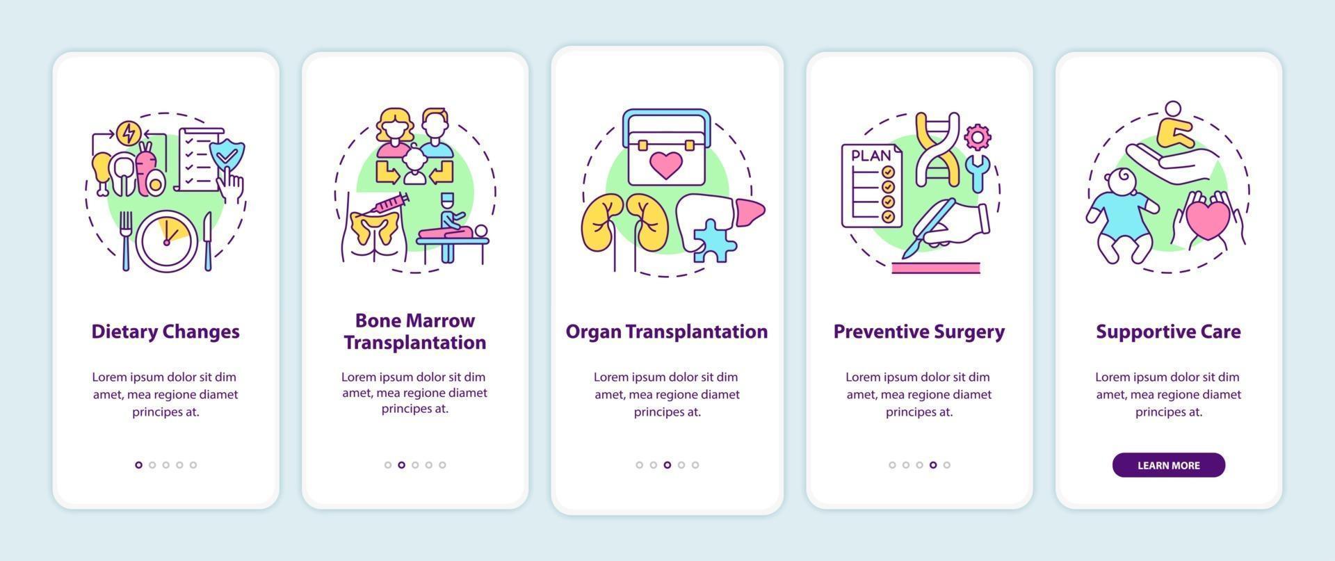 Genetic diseases treatment onboarding mobile app page screen with concepts vector