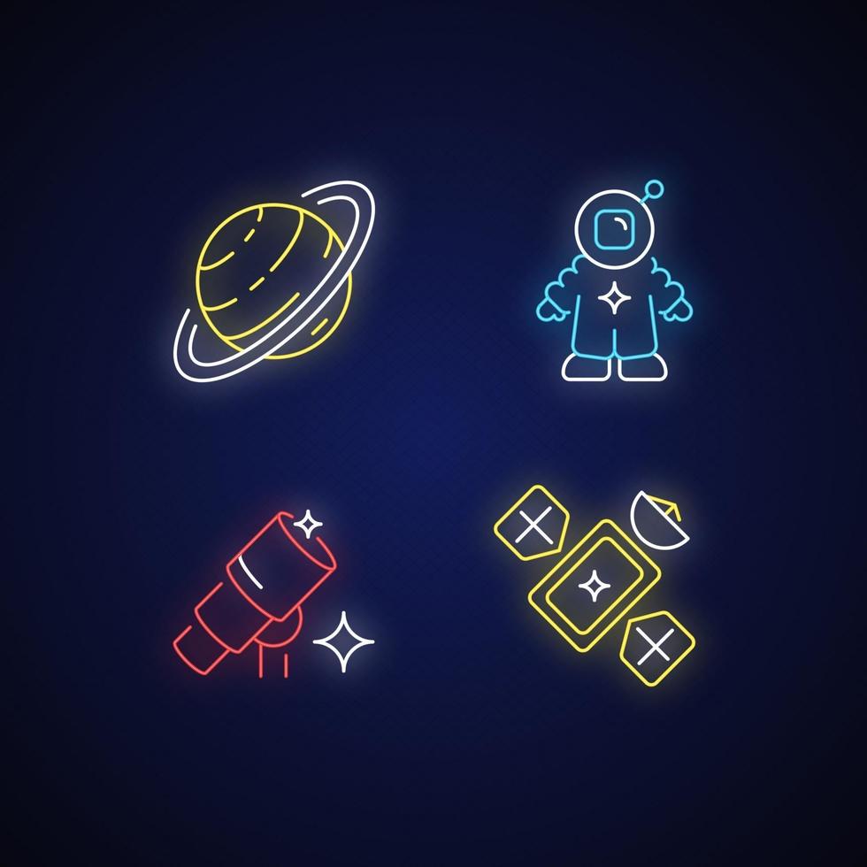 Astronautic neon light icons set vector