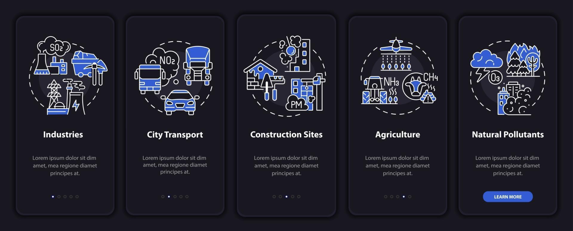 Outside air pollutants onboarding mobile app page screen with concepts vector