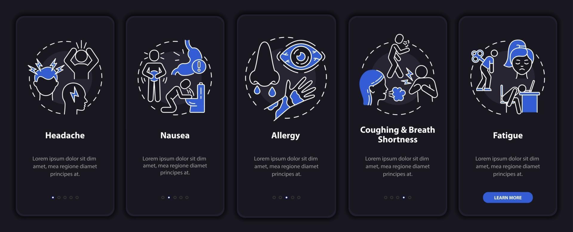 Pantalla de la página de la aplicación móvil de incorporación de enfermedades de contaminación del aire con conceptos vector