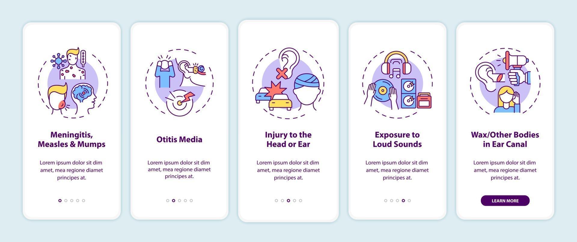 Acquired hearing loss causes onboarding mobile app page screen with concepts vector