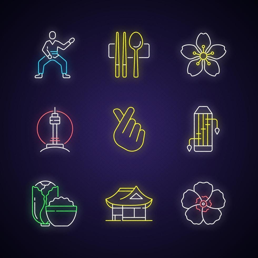 Korean culture neon light icons set vector