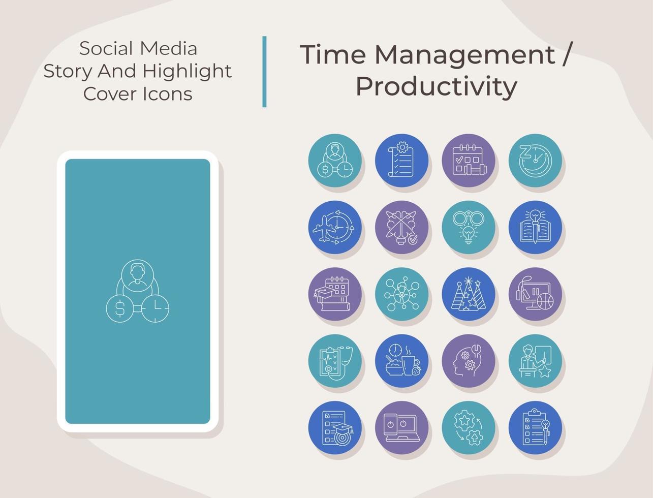 Time management and productivity social media story and highlight cover icons set vector