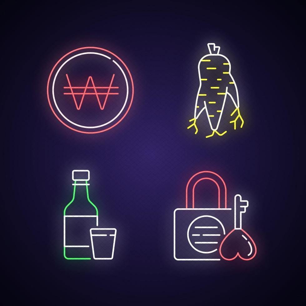 Korea neon light icons set vector