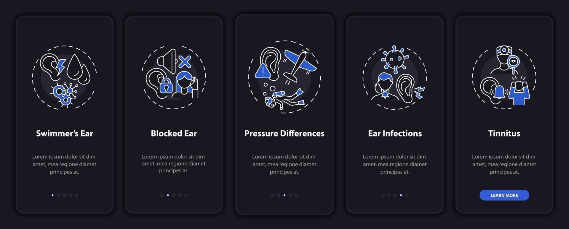 Common ear conditions onboarding mobile app page screen with concepts vector