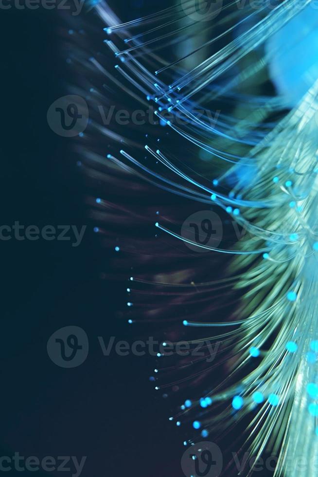 An amazing and vibrant macro of blue fiber optical pipes that illuminate making sparkles and glitters with black background photo