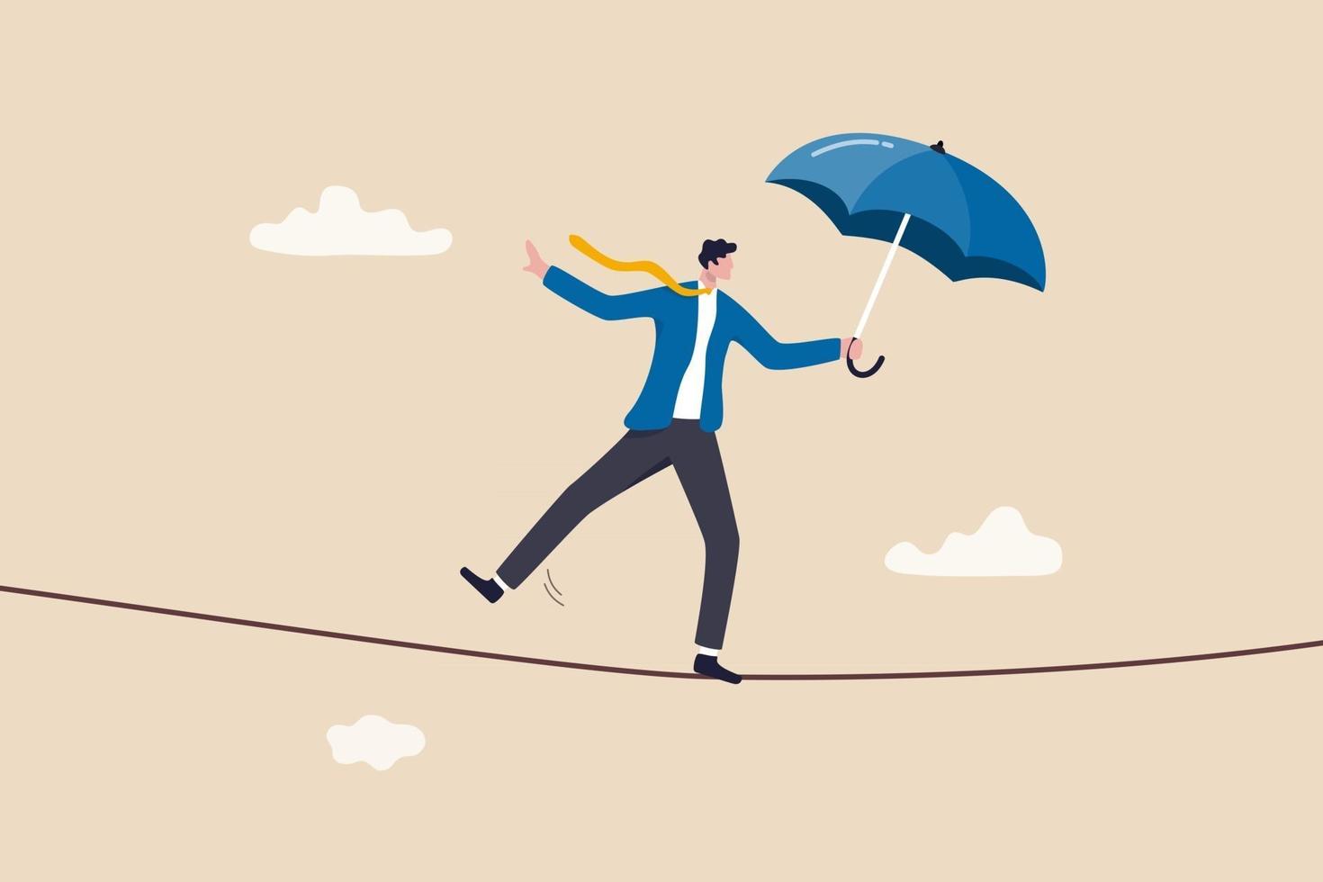 Business or investment risk protection challenge danger and difficulty to overcome to success in work and career concept confident brave businessman ropewalker equilibrium walk on high tight rope vector