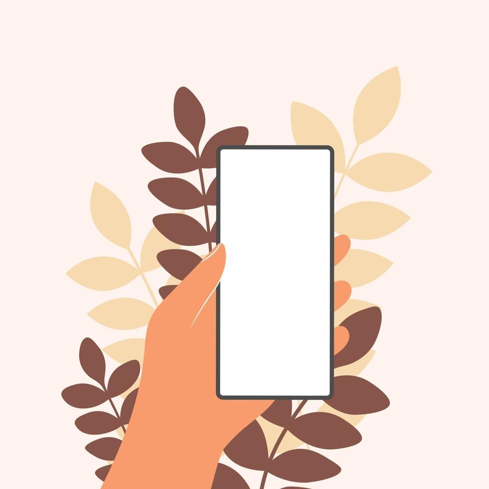 Human hand holding blank smartphone with leaves background vector