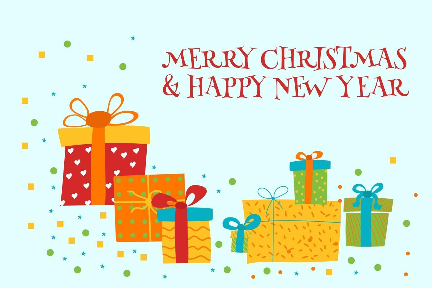 Merry Christmas and Happy New Year Greeting card with gift boxes Vector Illustration