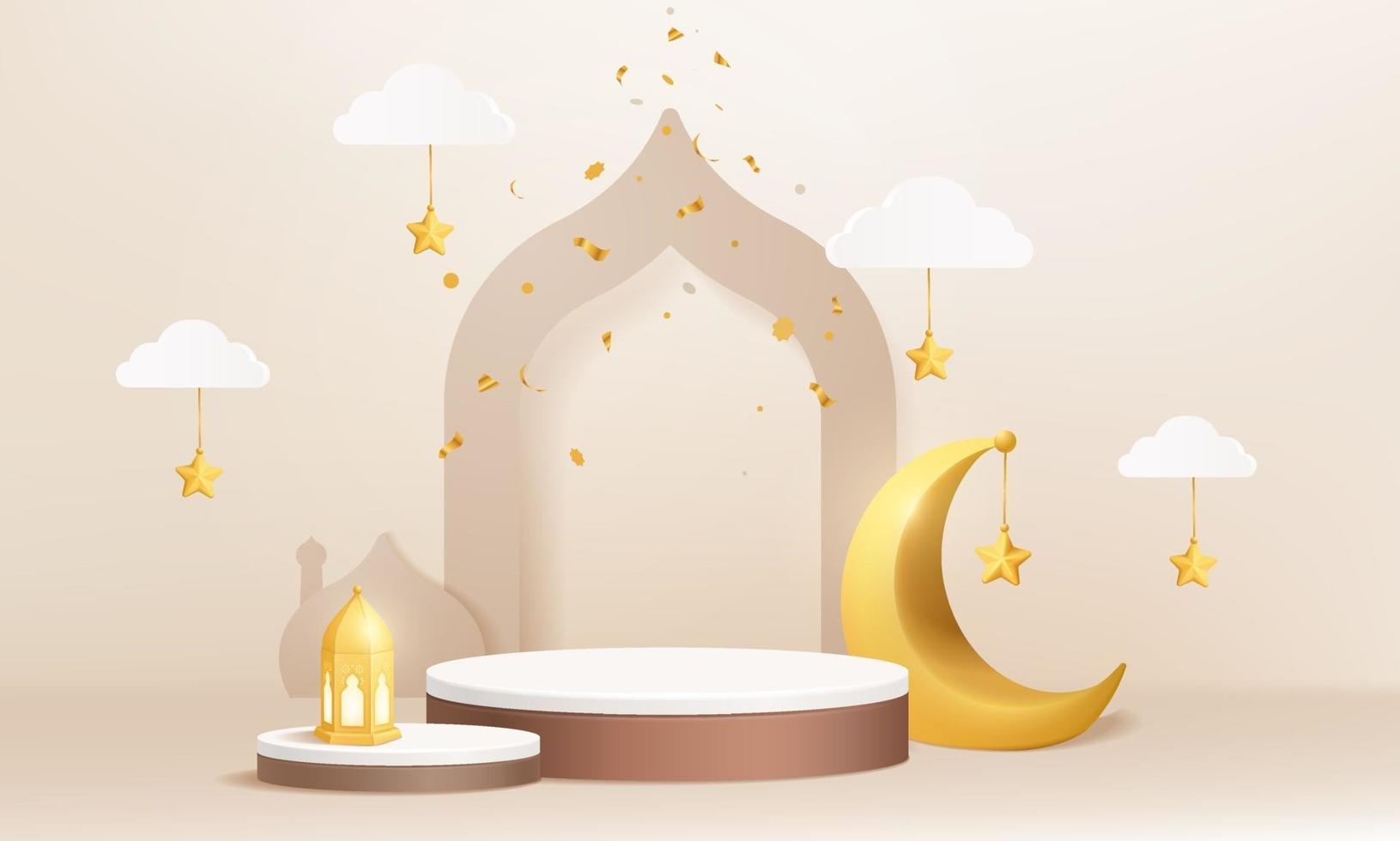 3d Islamic Muslim Cylinder Podium Product Display with Crescent Moon Lantern Mosque vector