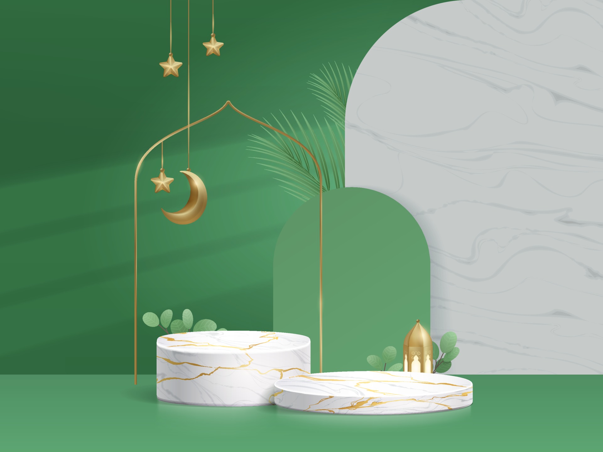 3d Islam Marbel Podium Product Display Green Background with Crescent