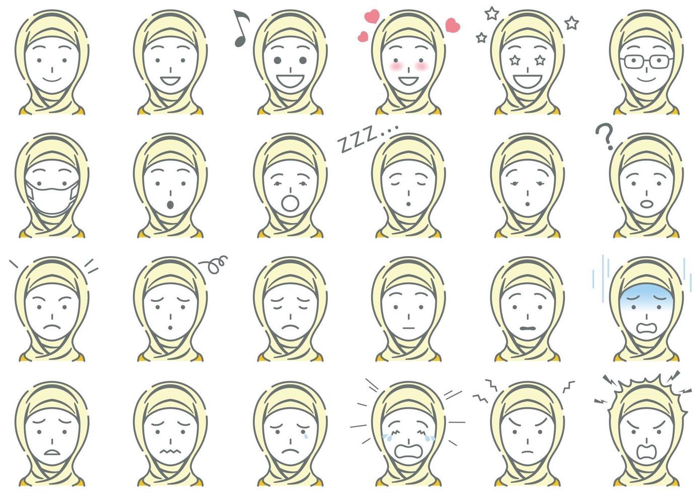 Moslem Businesswoman Vector Various Facial Expressions Set Isolated On A White Background