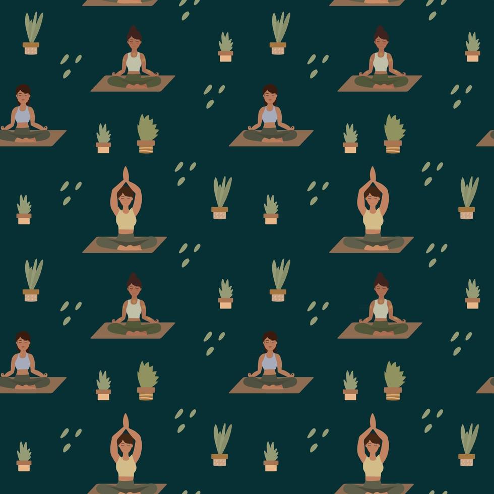 Fondo de patrón de yoga. las niñas hacen pilates, meditación con vegetación. un patrón para textiles con personas en diferentes poses. vector