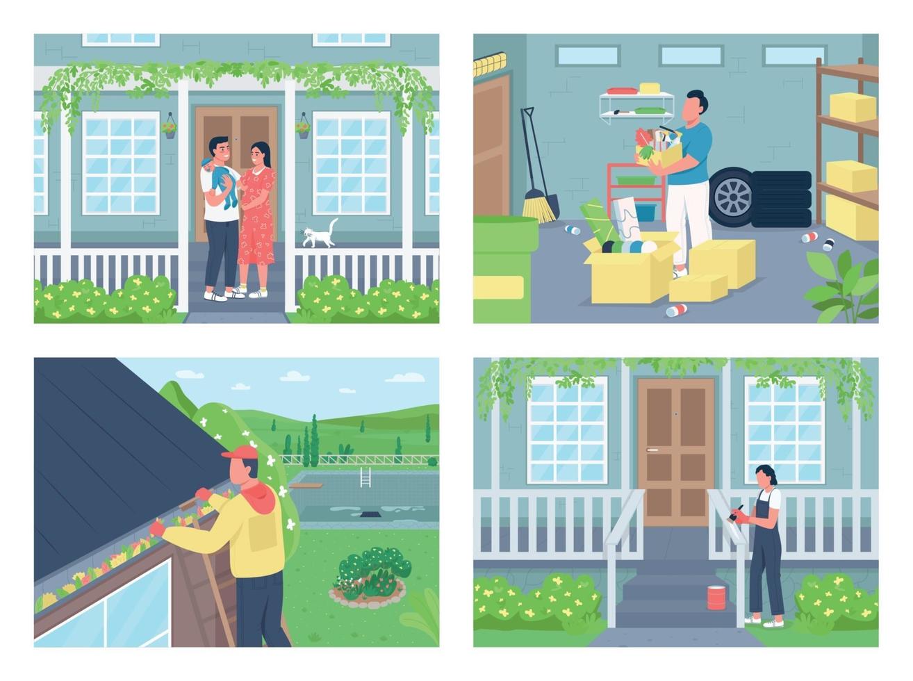 Spring home cleaning flat color vector illustration set