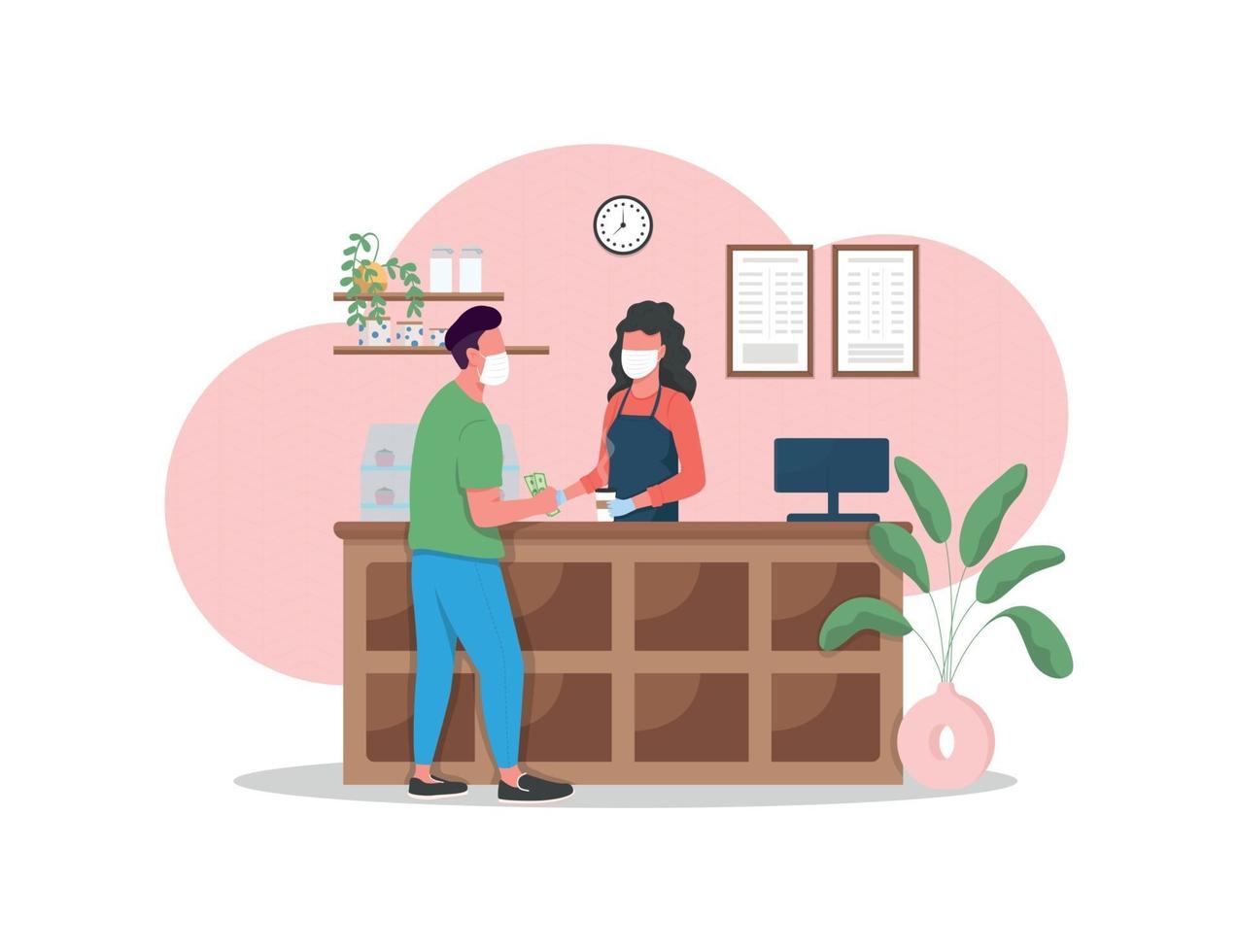 Man and woman in mask in coffeeshop flat color vector faceless character