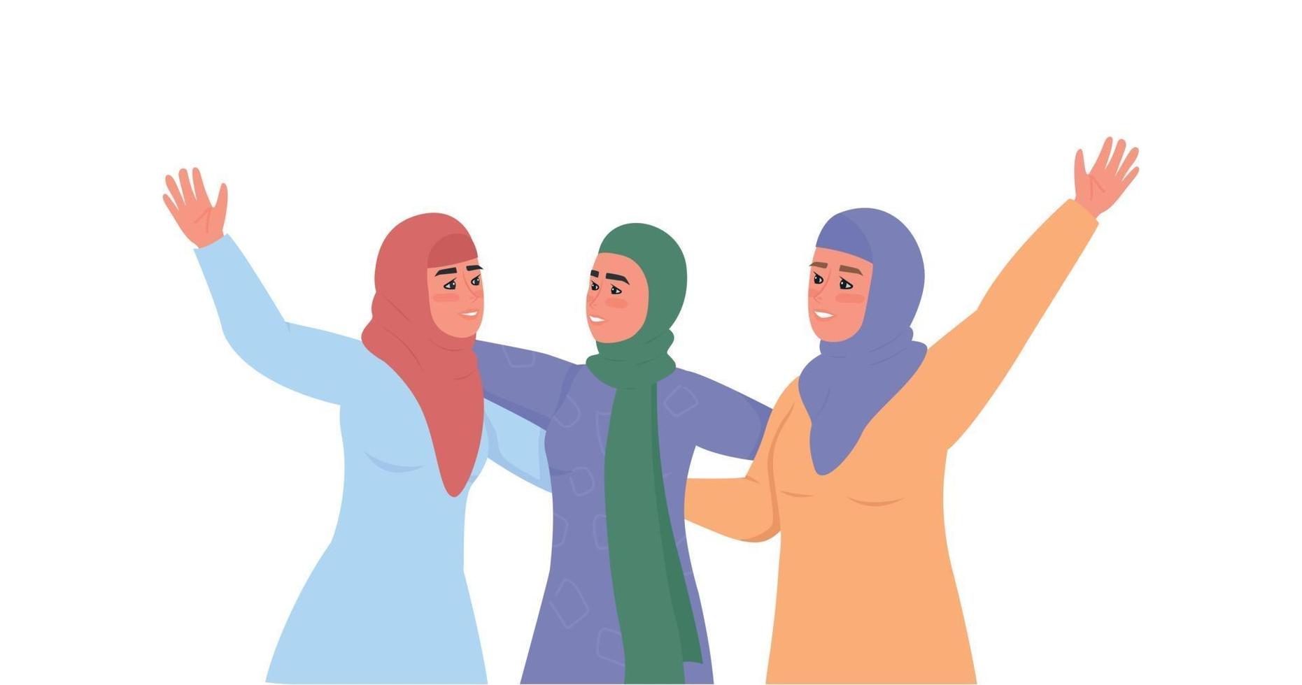 Happy arabic women in hijabs flat color vector faceless characters