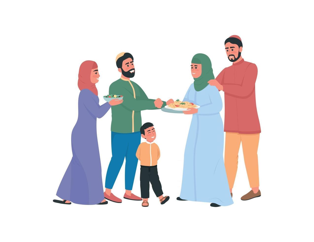 Happy arabian families exchanging food flat color vector faceless characters