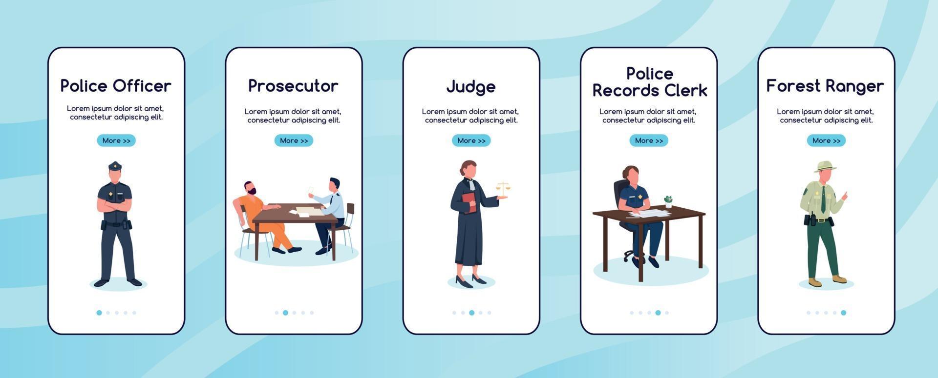 Justice and law workers onboarding mobile app screen flat vector template