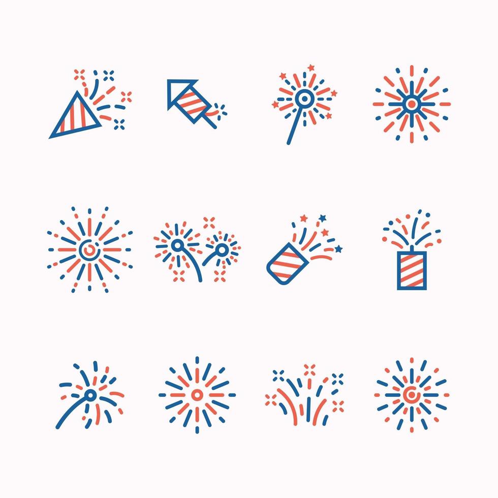 conjunto de icono de arte de línea de fuegos artificiales vector