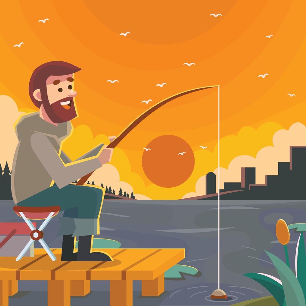 Fisherman Fishing At The Evening vector