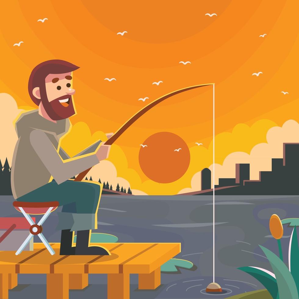 Fisherman Fishing At The Evening vector