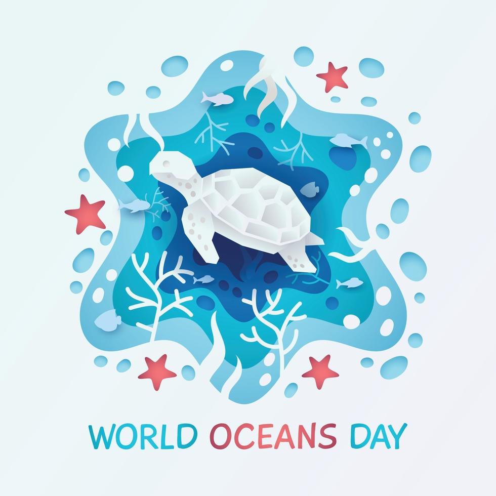 World Ocean Day Paper Cut Turtle Concept vector