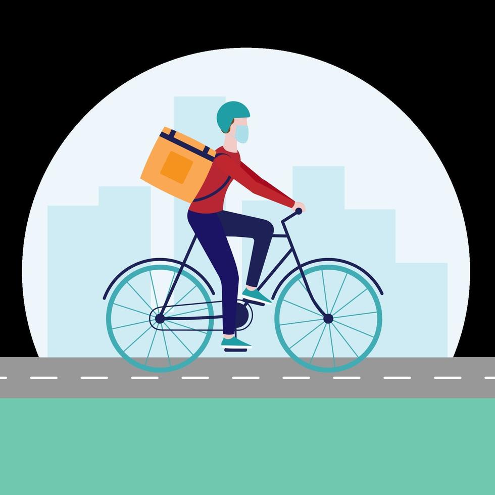 Courier Wearing a Mask and Delivering Food with Bicycle in City Illustration vector