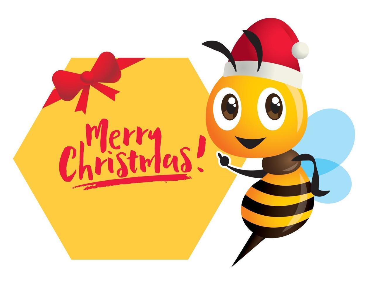 Cute bee character wearing Christmas hat with hand pointing to big honeycomb shape signboard vector