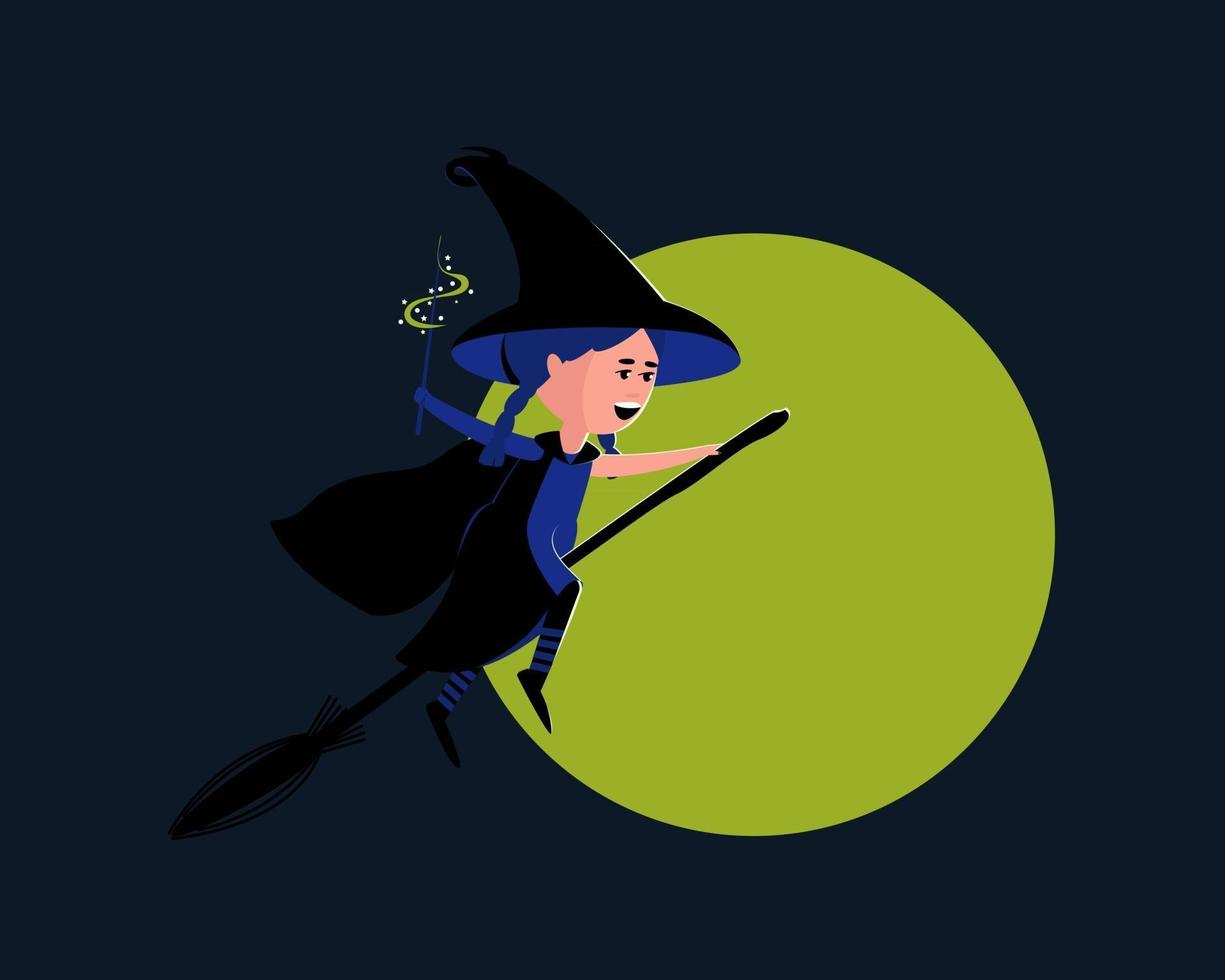 Little cute witch flies on a broomstick on a full moon vector