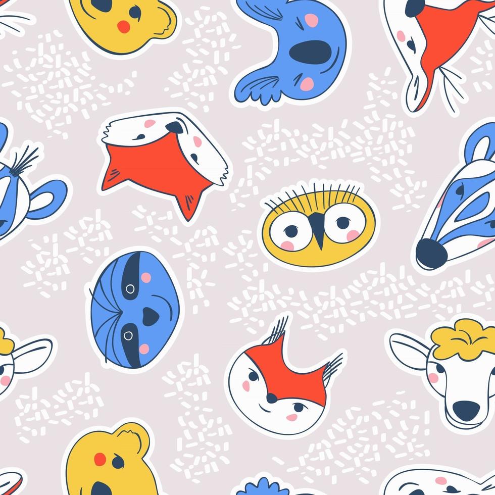 Seamless pattern of simple stickers with portraits of animals vector