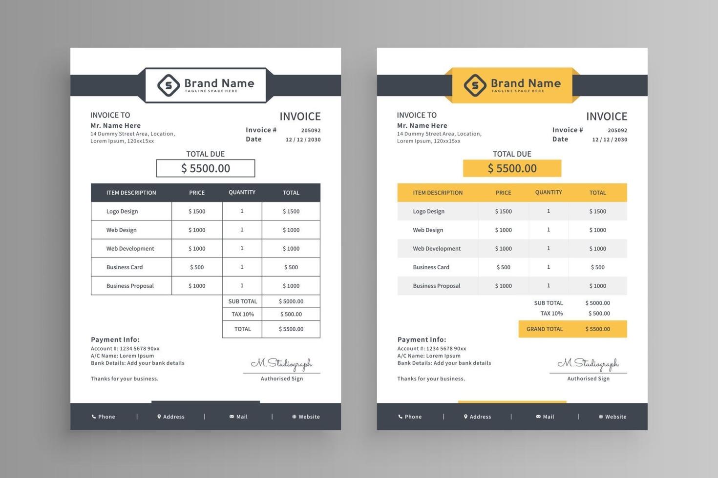 Yellow and gray header invoice design template vector