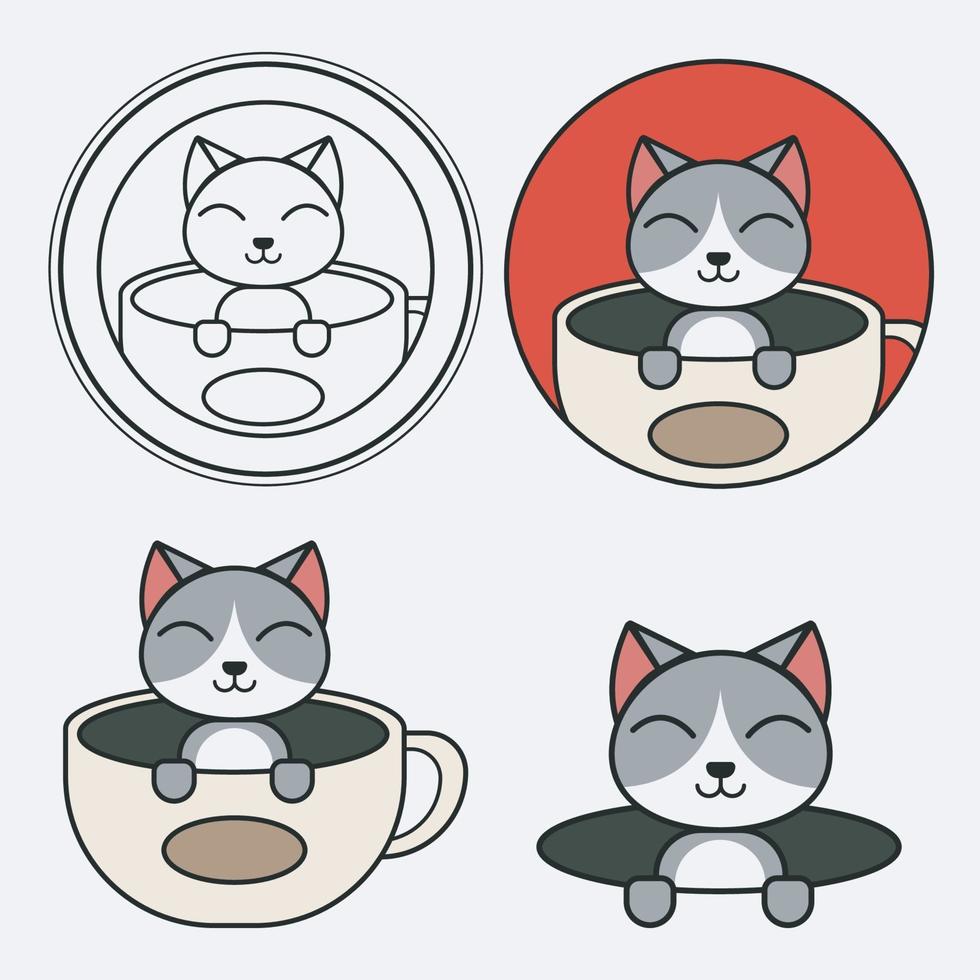 conjunto de logotipos de una mascota de gato y taza de café vector