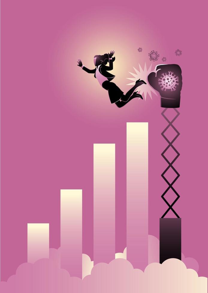 Businesswoman being hit by a big boxing glove. Recession concept vector