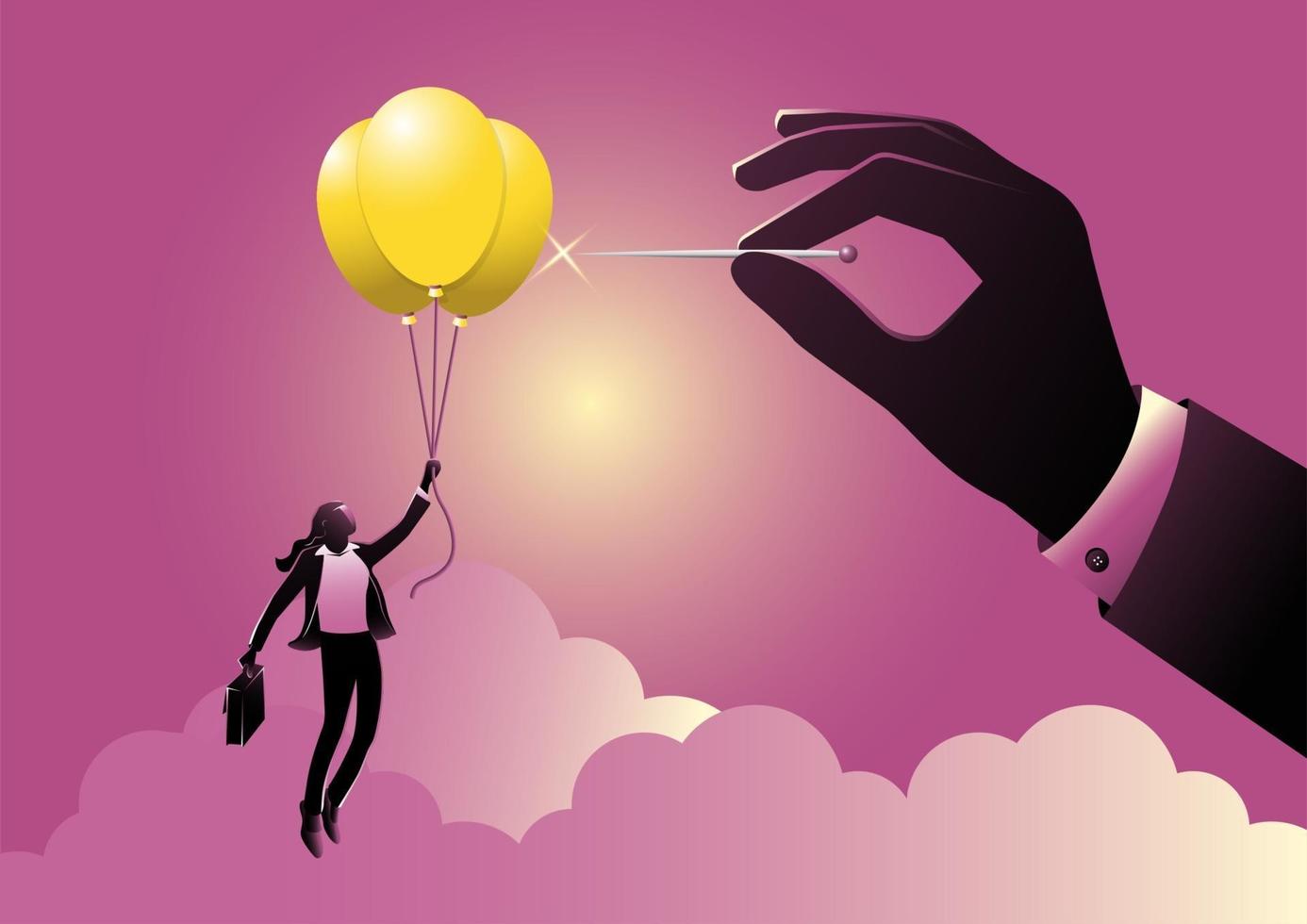 Businesswoman flying on idea or light bulb balloons with hand popping balloon vector