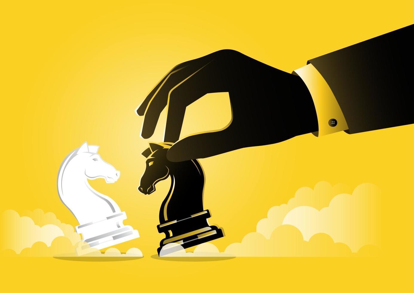 Businessman hand holding black chess knight piece, strategic concept vector